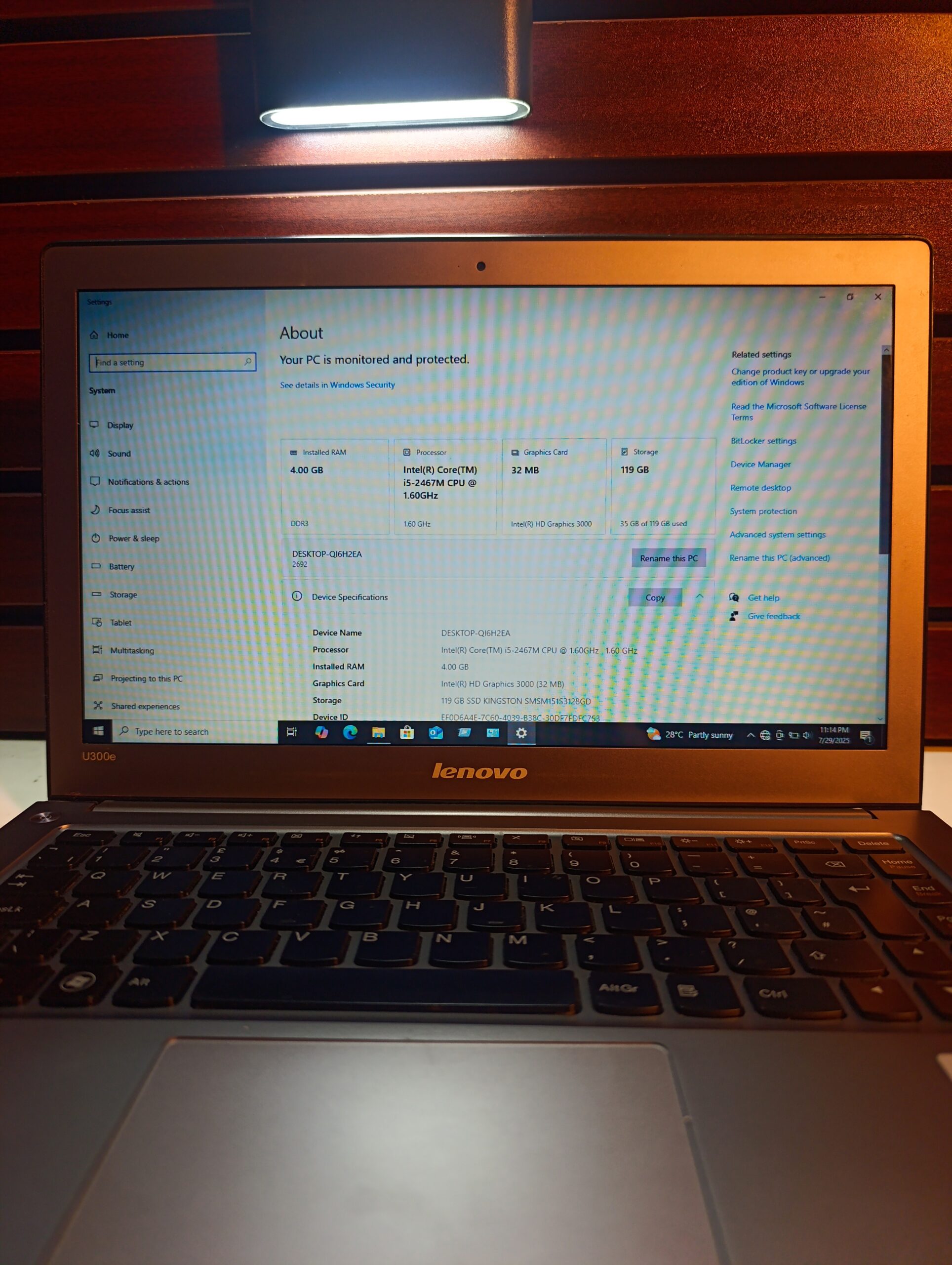 Lenovo U300E – Intel Core i5 (1.6GHz) – 200GB SSD – 4GB Ram – Windows 10 Pro - Image 6