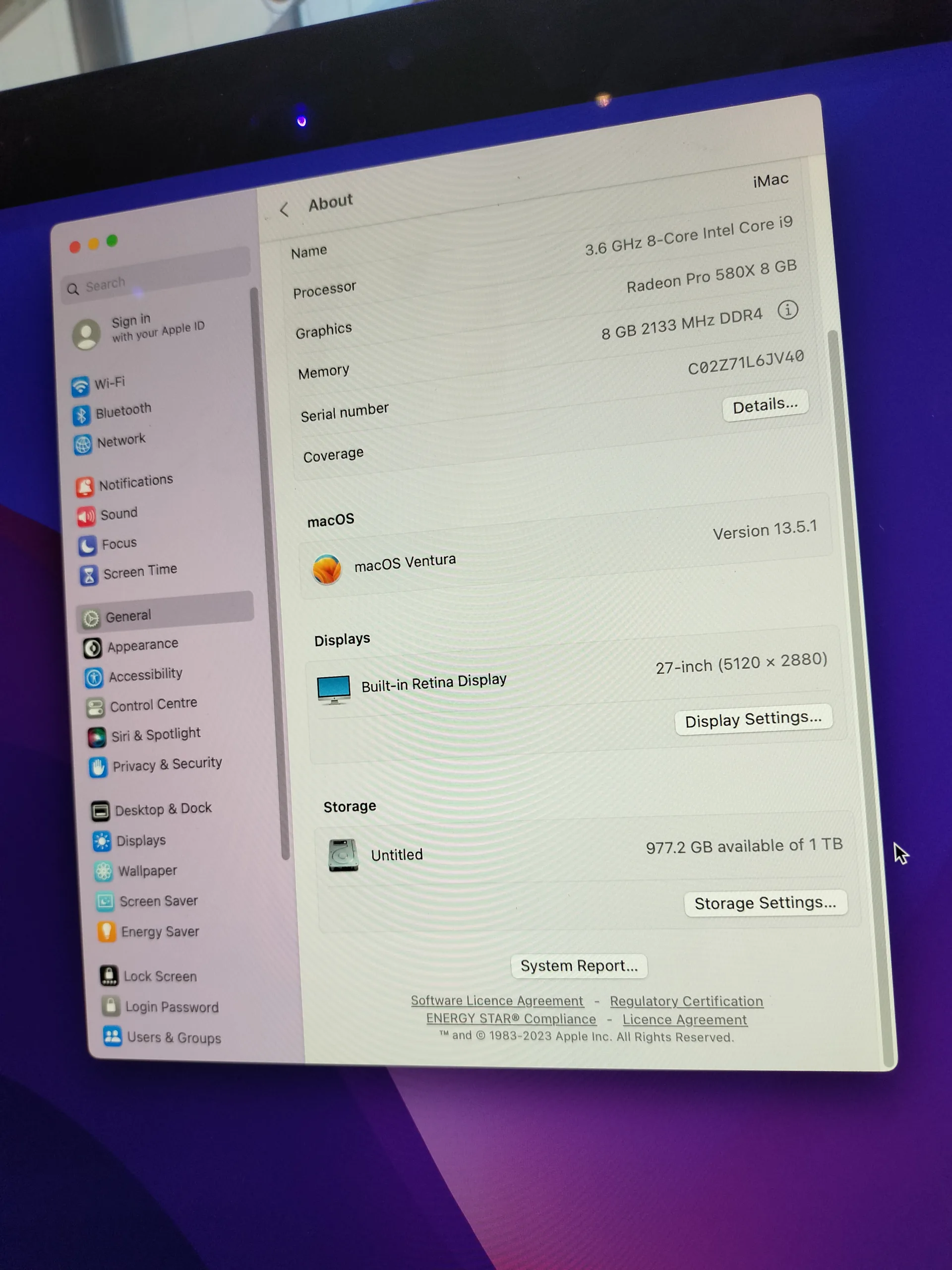 20192019 imac all in one desktop//27"// 3.6ghz,// core i9//8cores//8gb ram// 1Tb fusion drive// 8gb - Image 3